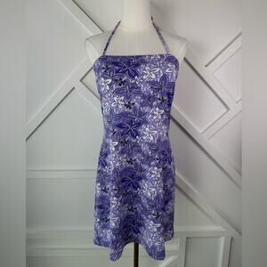 Vintage Y2K Tilt Purple Floral Hawaiian Halter Mini Dress 90s 2000s Size Large